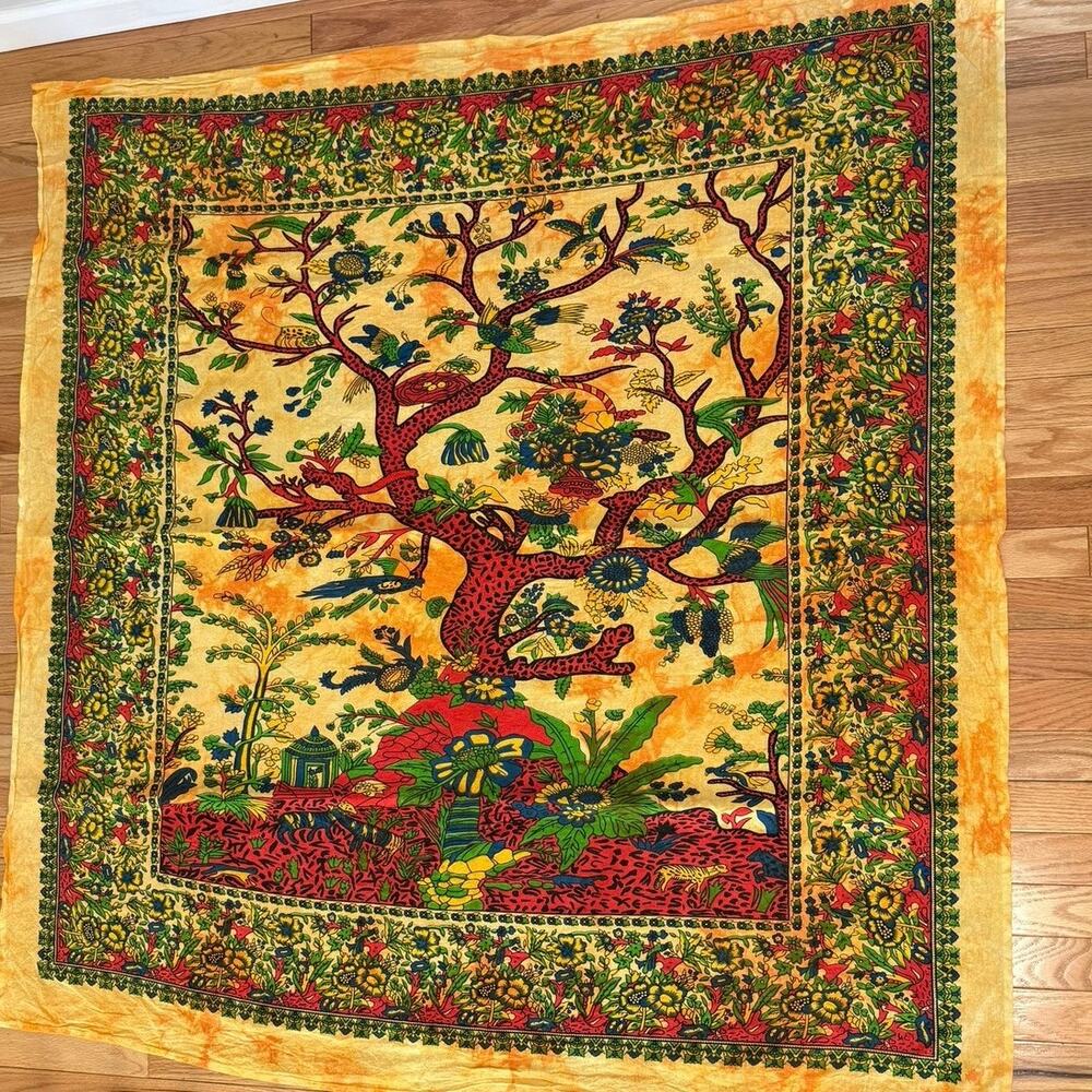 Yellow Jungle Floral Tapestry Wall Hanging Boho Cotton India 52x54